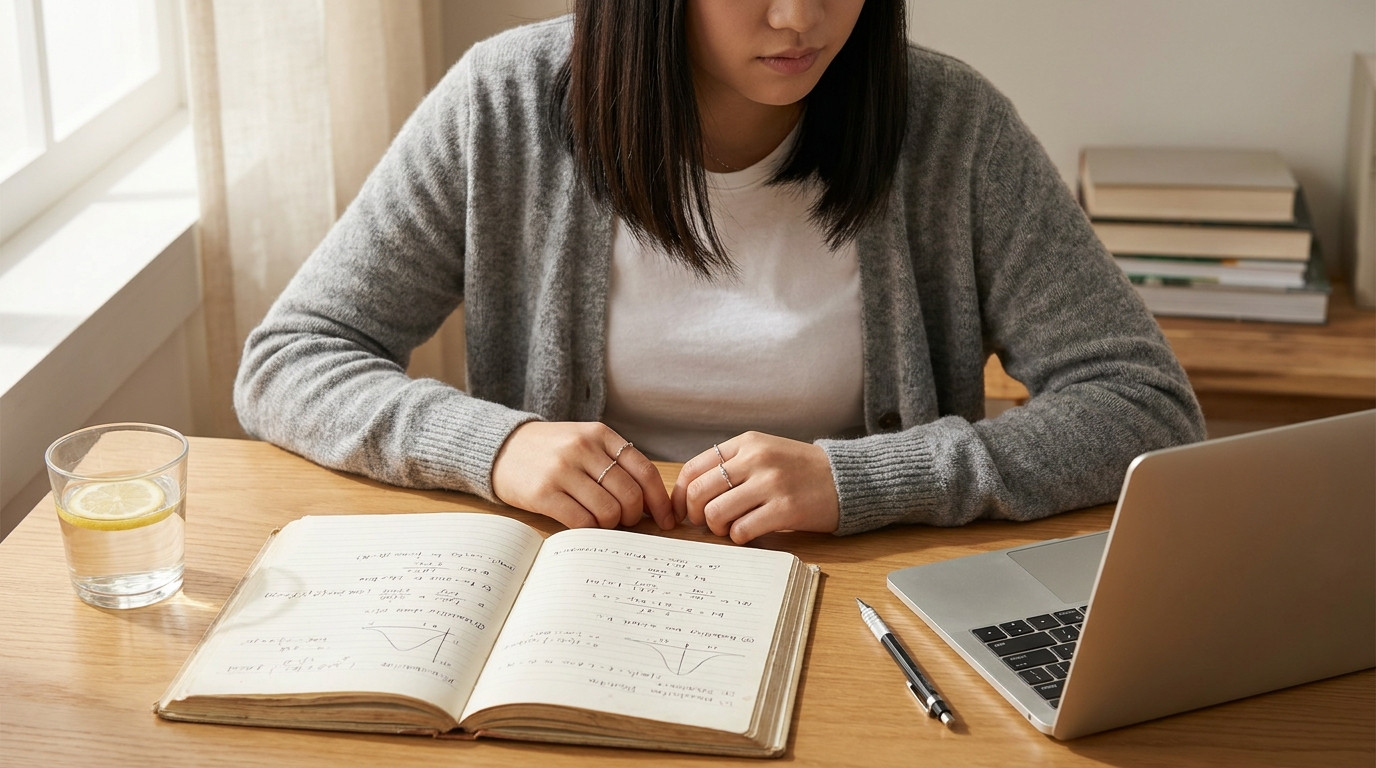 Overhead close-up of a tidy study desk staged for quantitative interview prep, an open notebook with handwritten probabi