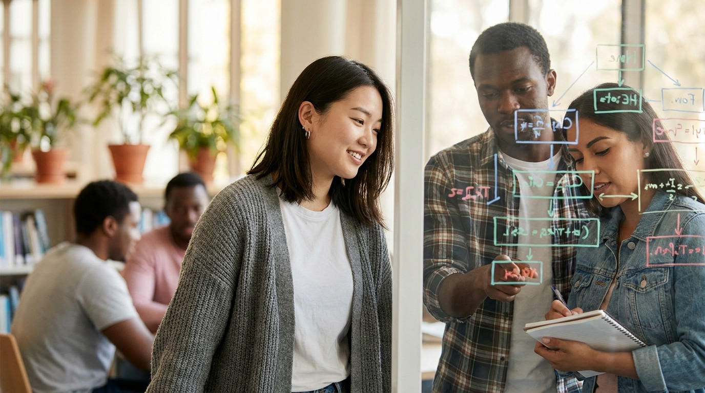 Two students collaborating at a glass whiteboard covered in flowcharts and mathematical notation in a bright modern stud