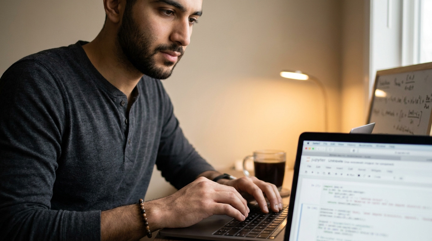 Close-up of a laptop screen displaying Python code with a Jupyter notebook open, a hand resting on the keyboard, a cup o