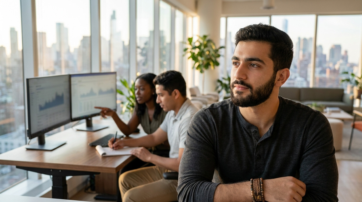 Two interns collaborating at a double-monitor workstation in a sleek open-plan office, one pointing at a data visualizat