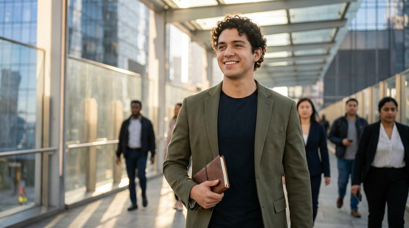 Young professional in a fitted blazer walking along a Hudson Yards elevated walkway on a clear weekday morning, modern g