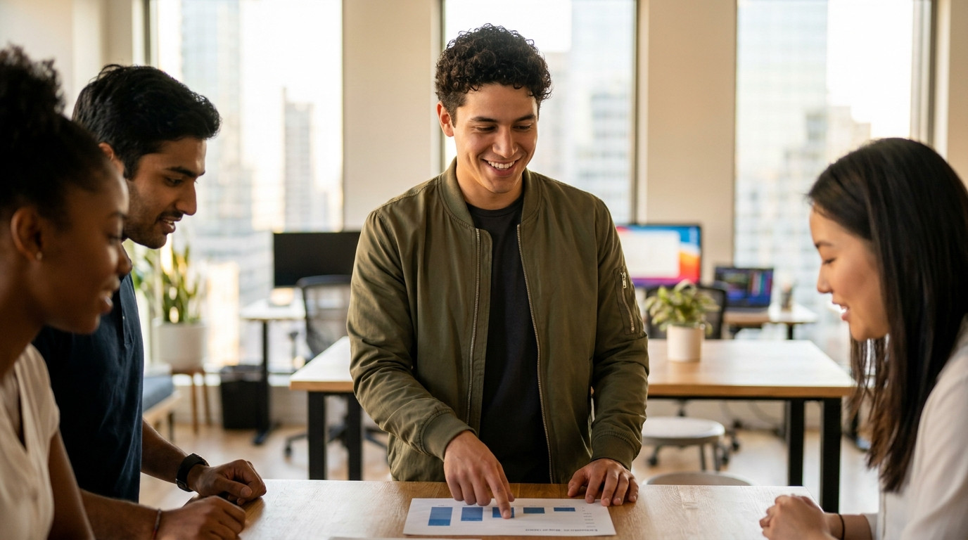 Three interns seated around a standing-height table in a sleek open-plan trading floor office, one pointing at a printed