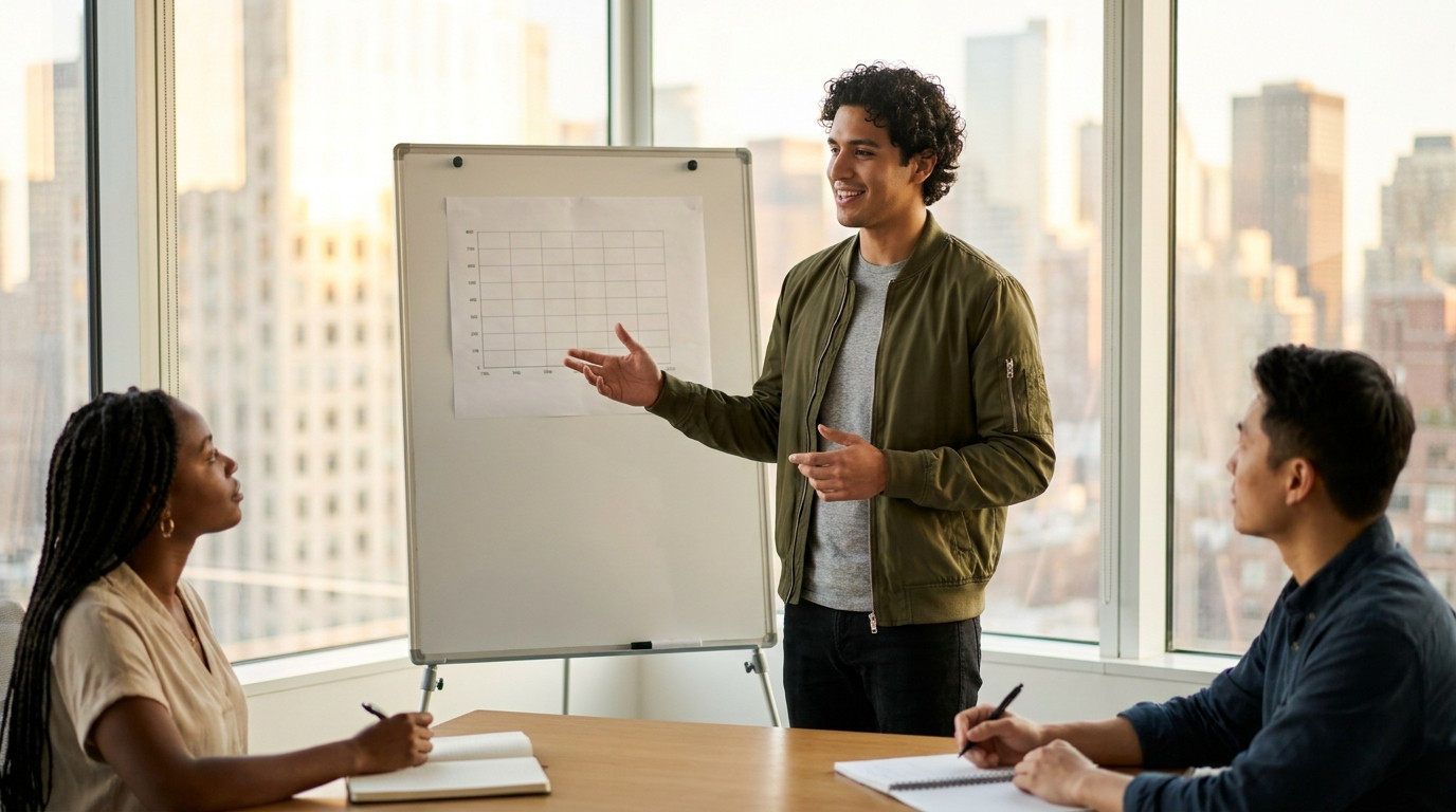 Student in business casual standing at a whiteboard in a bright modern conference room, mid-gesture while presenting an 