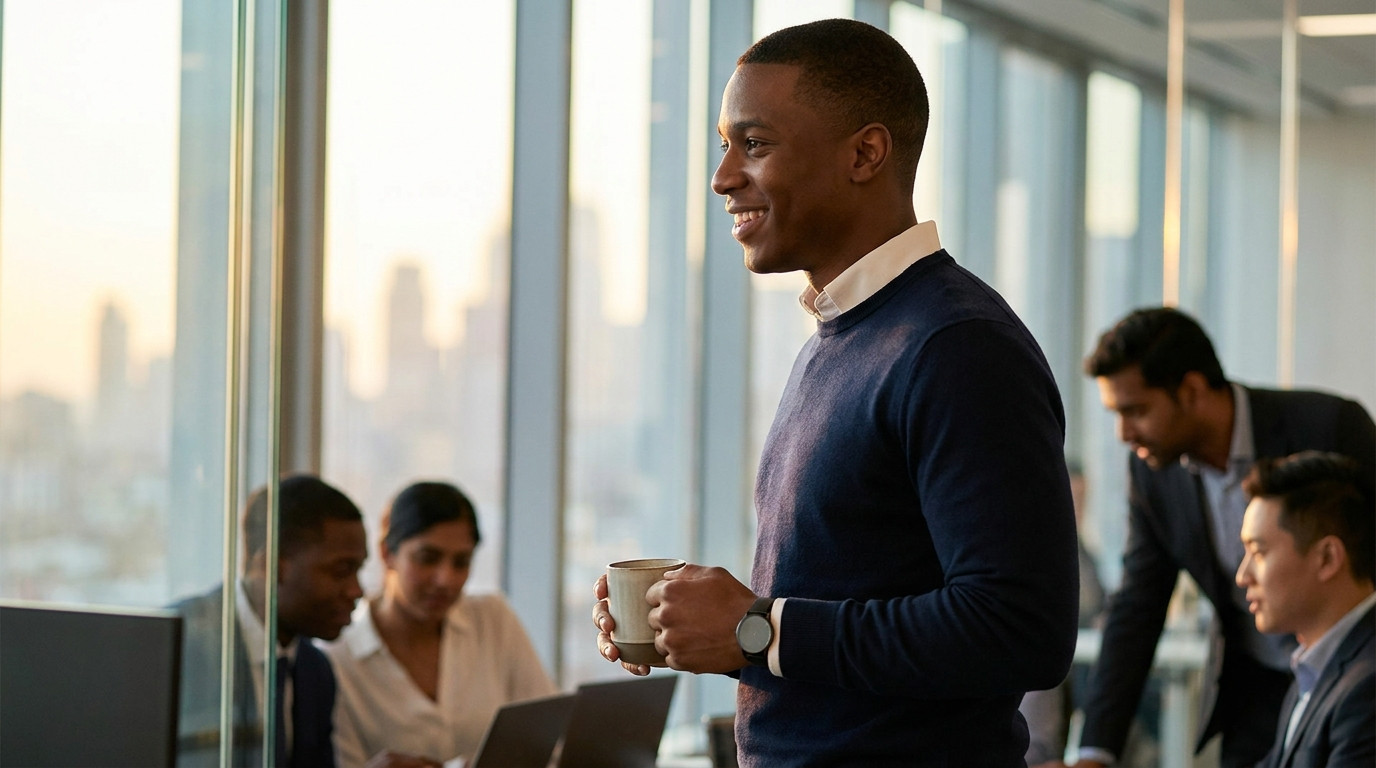 Young professional standing at a floor-to-ceiling window in a high-rise trading floor, city skyline with dawn light behi