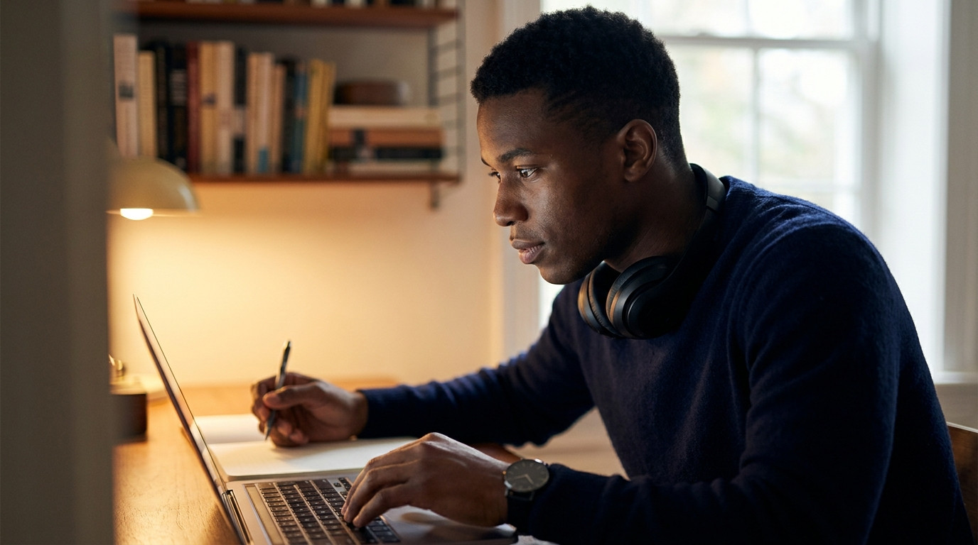 Student in a quiet room focused on a laptop screen during a timed assessment, wearing headphones around their neck, one 