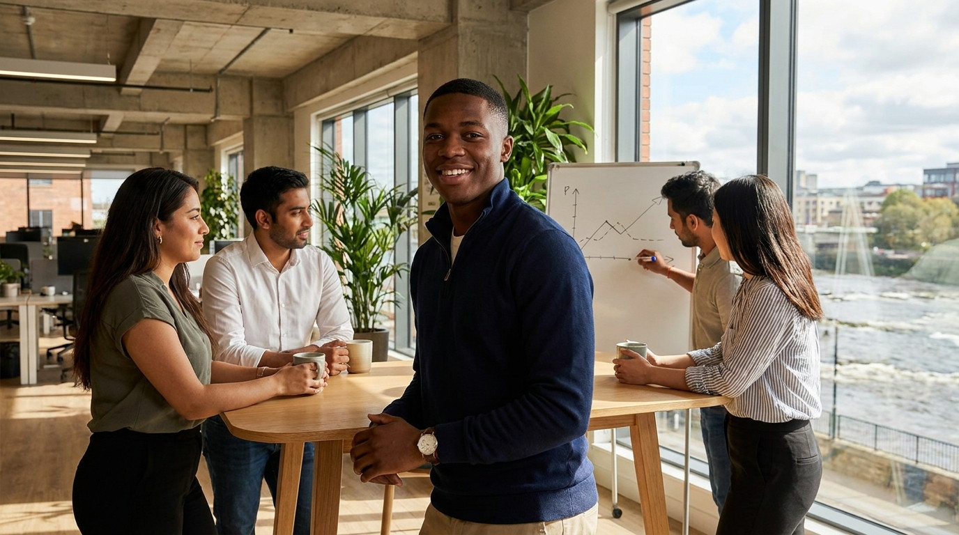 Four young professionals gathered around a standing-height table in a bright open-plan office with exposed concrete ceil