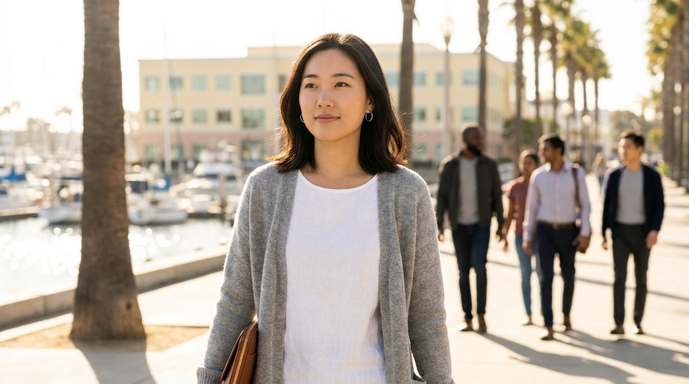 Young professional in smart business casual walking along a waterfront promenade lined with palm trees on a warm morning