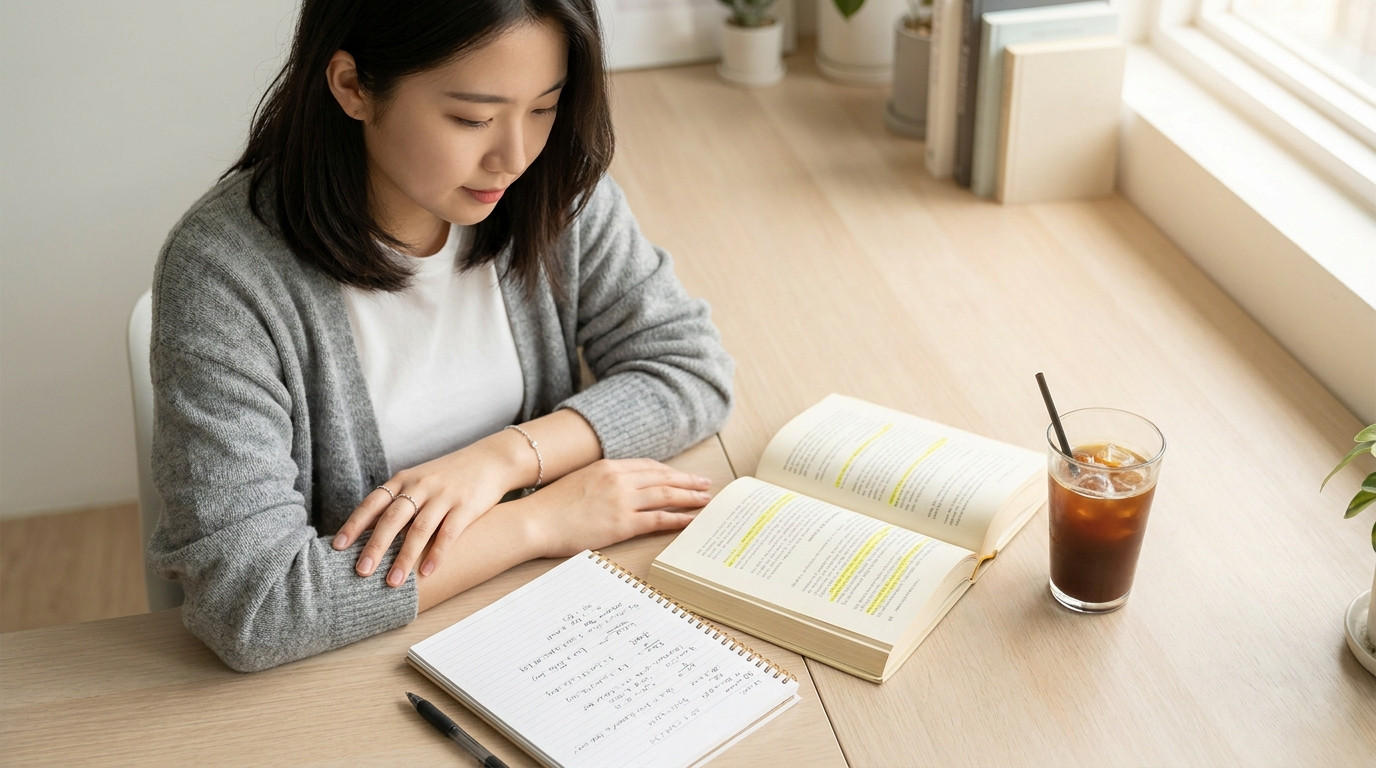 Overhead close-up of a tidy study desk staged for technical interview prep, an open finance textbook with highlighted pa