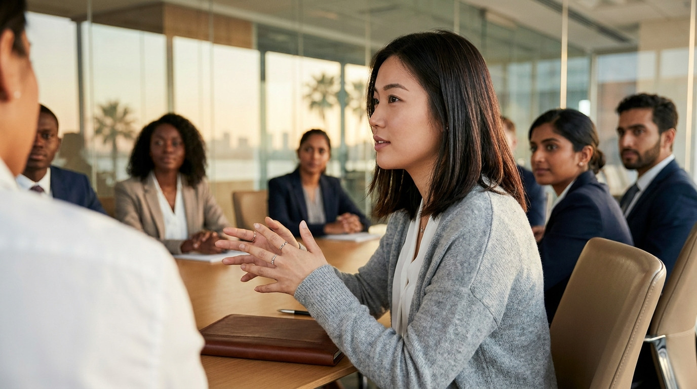 Student in a pressed button-down shirt sitting upright in a sunlit conference room rehearsing an interview answer, hands