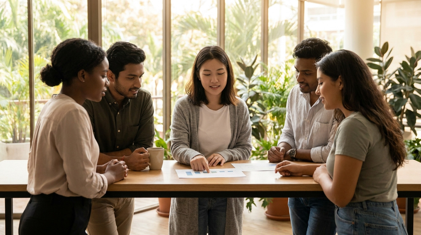 Four interns gathered around a standing-height table in a bright open-plan office with floor-to-ceiling windows showing 