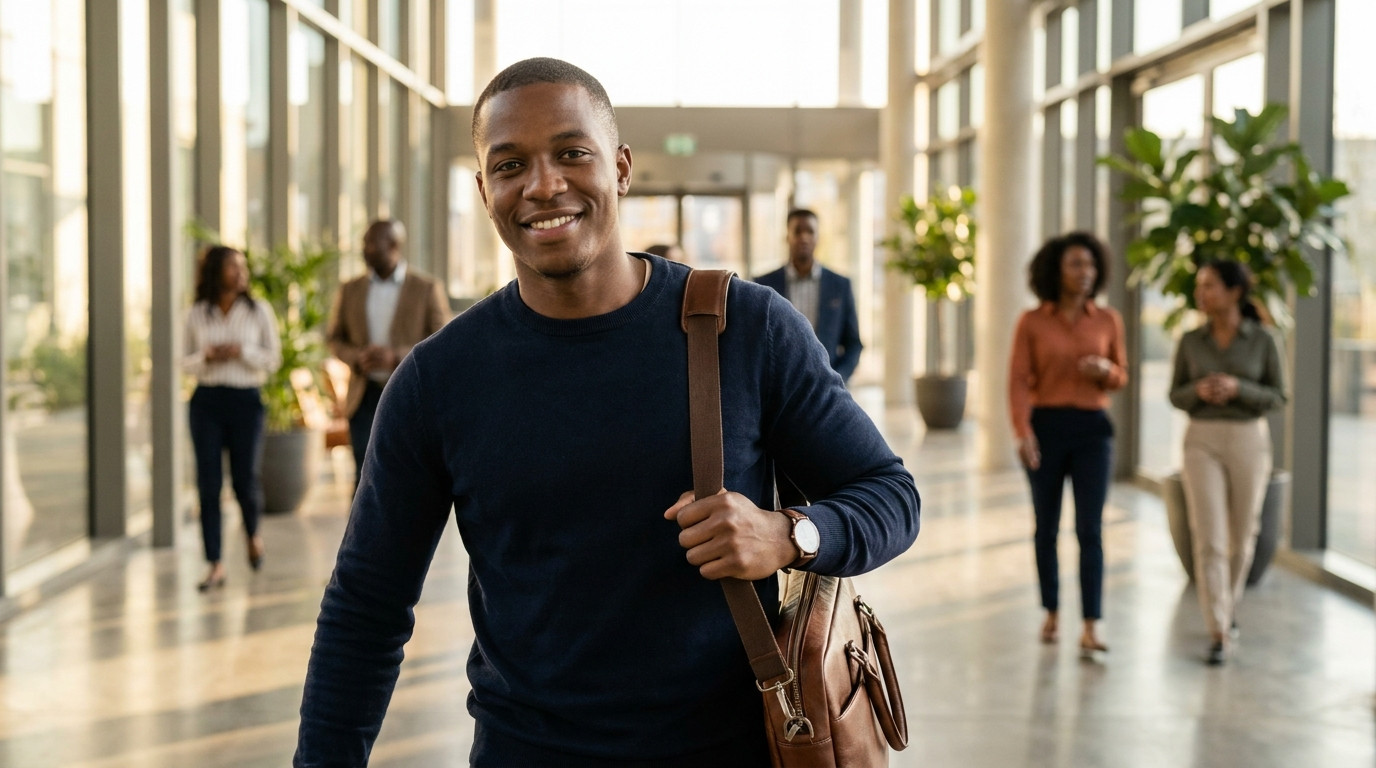 Young professional entering a modern glass office tower in a downtown financial district on a bright morning, carrying a