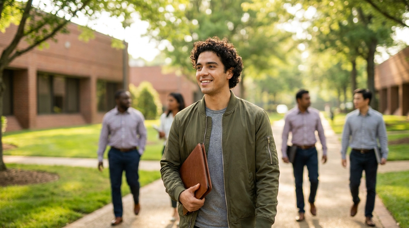 Young professional in a light blazer walking along a tree-lined corporate campus path on a clear summer morning, low bri