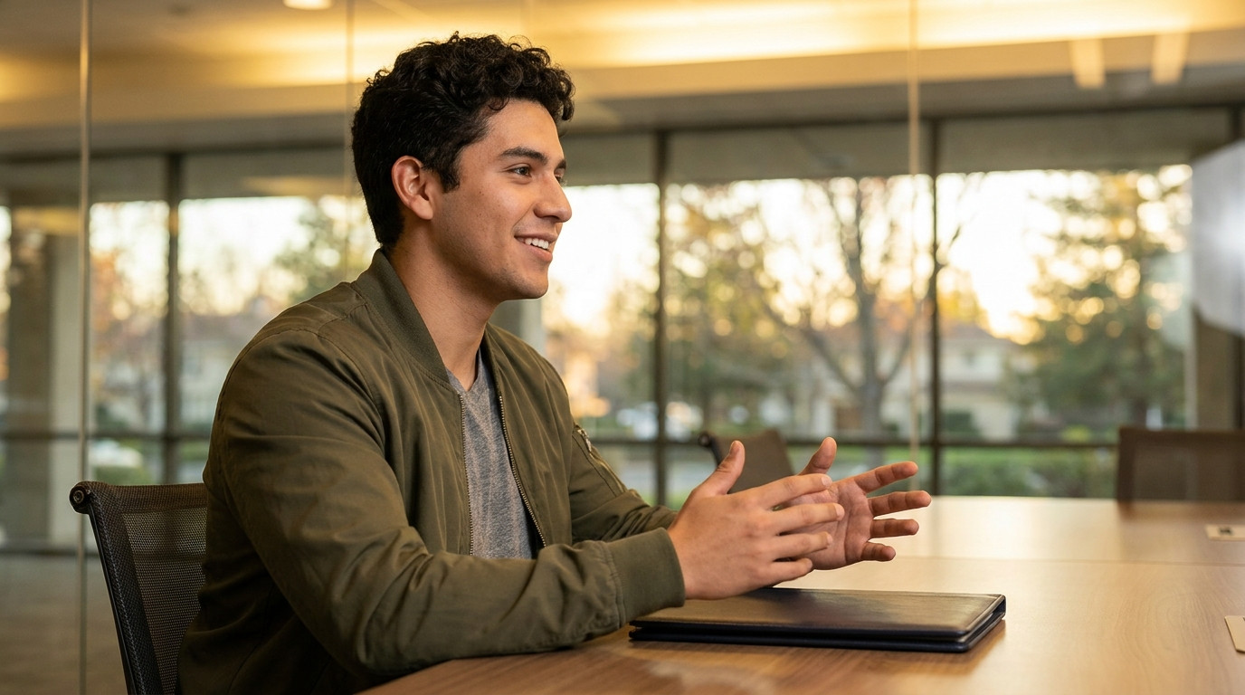Student in business casual sitting upright at a clean conference table rehearsing an interview answer, hands mid-gesture