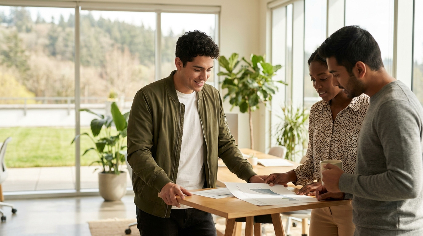 Three interns gathered around a standing-height table in a bright open-plan office, one pointing at a printed chart whil