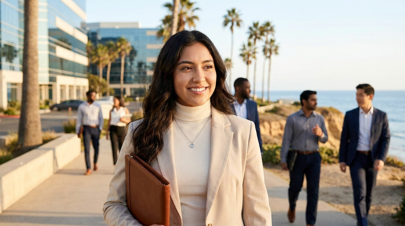 Young professional in a light blazer walking along a sunlit coastal office campus with modern glass buildings and palm t