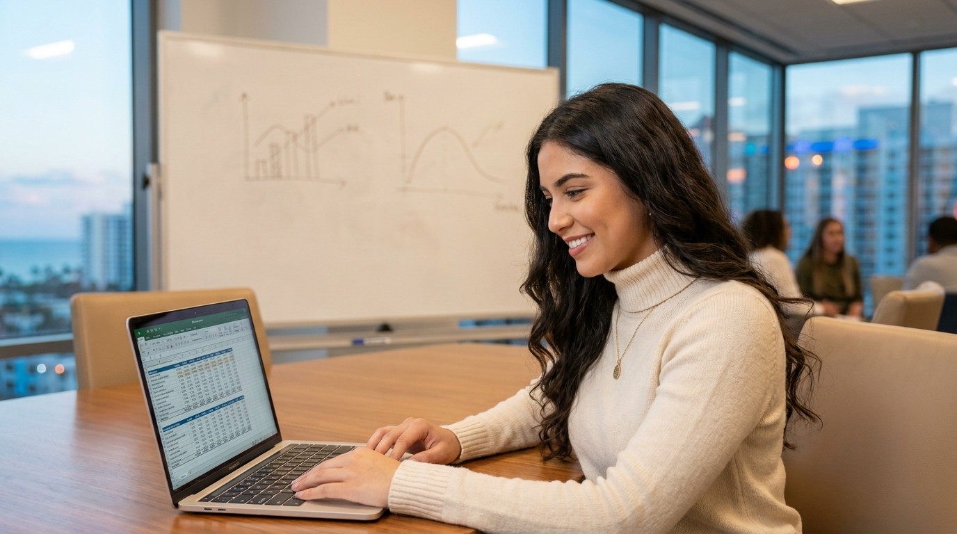 Student in business casual sitting at a polished conference table reviewing a financial model on a laptop, a whiteboard 