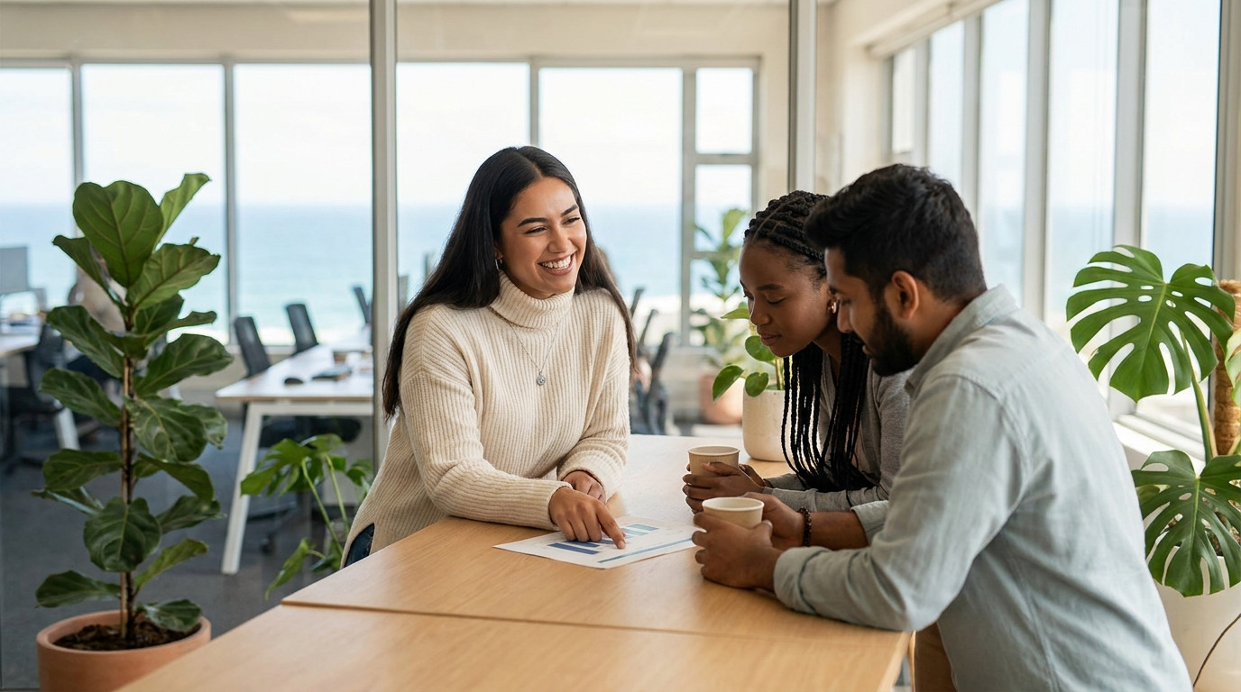Three interns gathered around a standing-height table in a bright open-plan office with ocean views, one pointing at a p