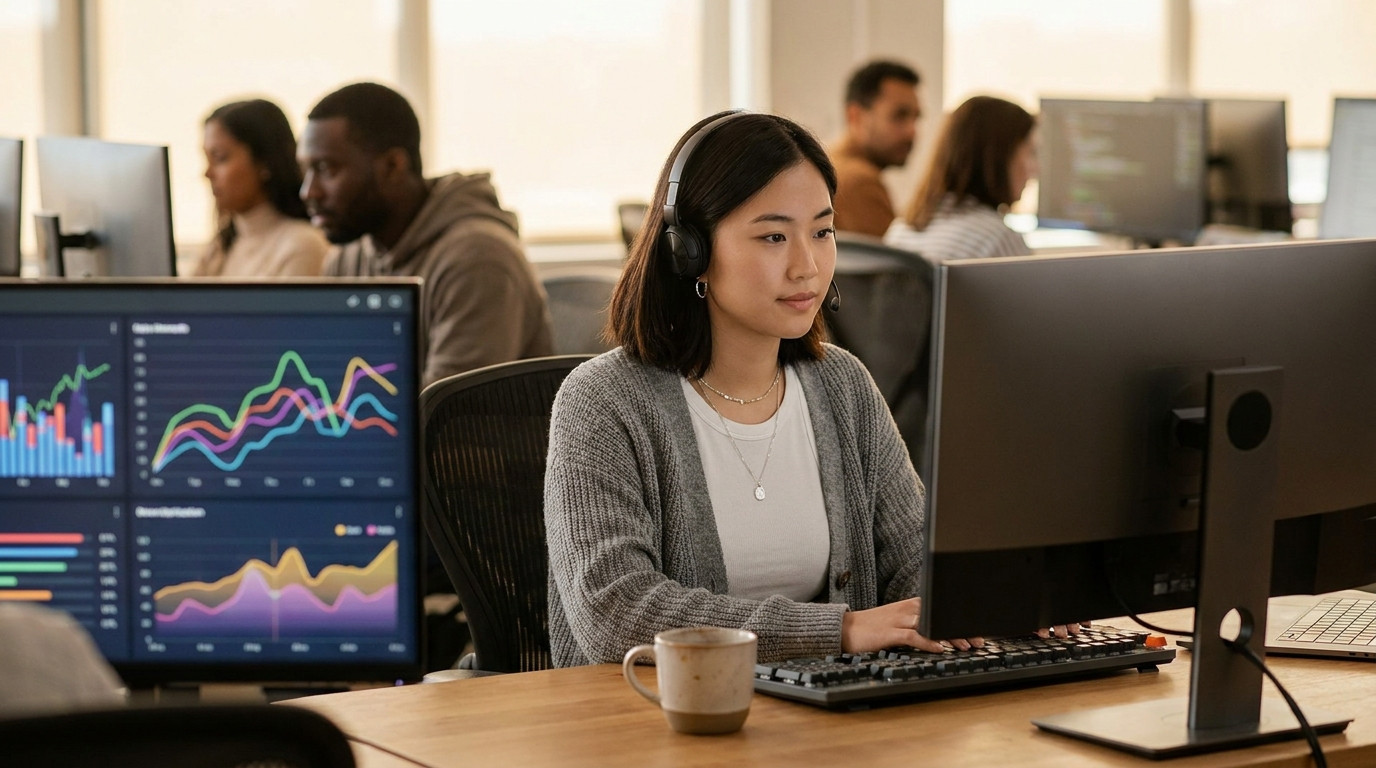 Student in a hoodie and headphones sitting at a dual-monitor workstation, colorful line graphs and dashboards filling bo
