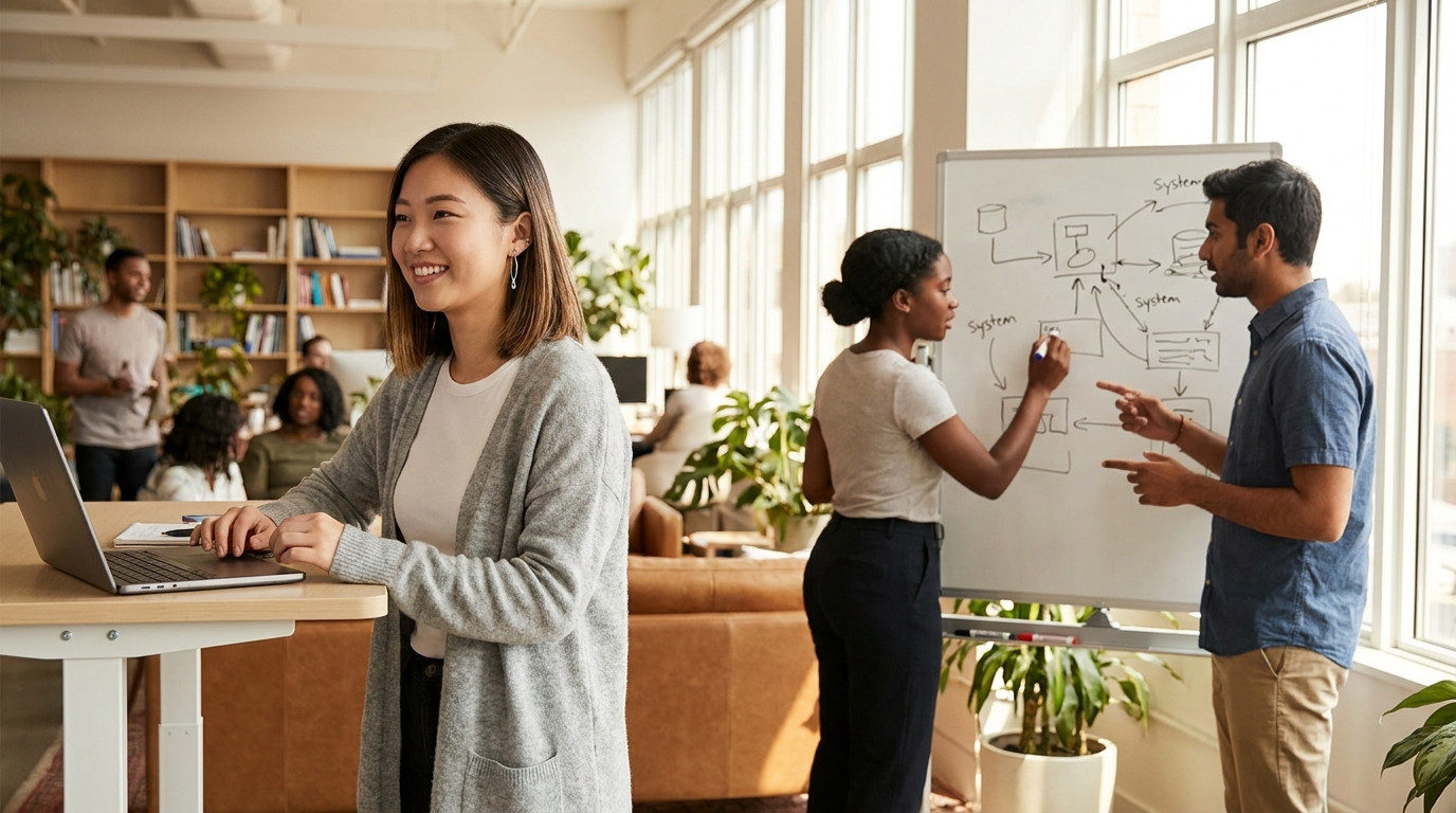 Two interns standing at a whiteboard covered in hand-drawn system diagrams and arrows, one sketching while the other poi