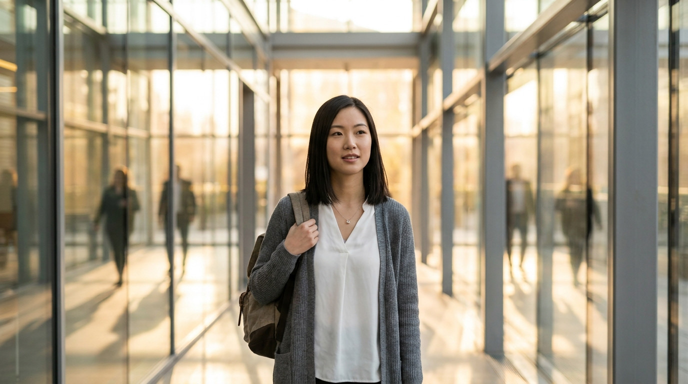 Young professional walking through a sunlit atrium of a modern glass office building on a weekday morning, reflections o