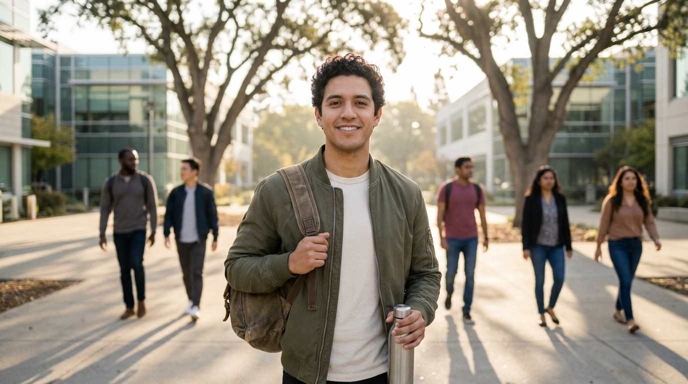 Young professional in a casual button-up shirt walking through a sunny Silicon Valley tech campus with low-rise glass of