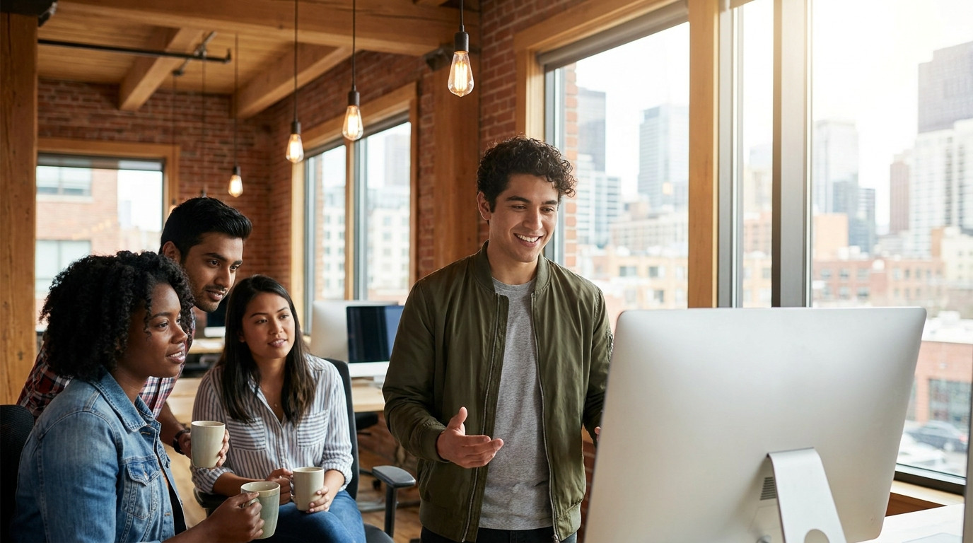 Four interns gathered around a large monitor in an open-plan office with exposed ductwork and warm pendant lighting, two