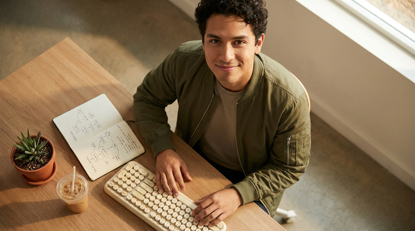Overhead close-up of a clean developer desk with a mechanical keyboard, a notebook open to handwritten pseudocode diagra