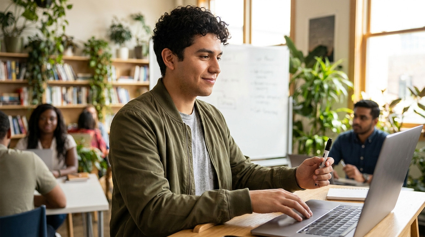 Student in a hoodie sitting at a standing desk in a bright co-working space, one hand on a trackpad and the other holdin