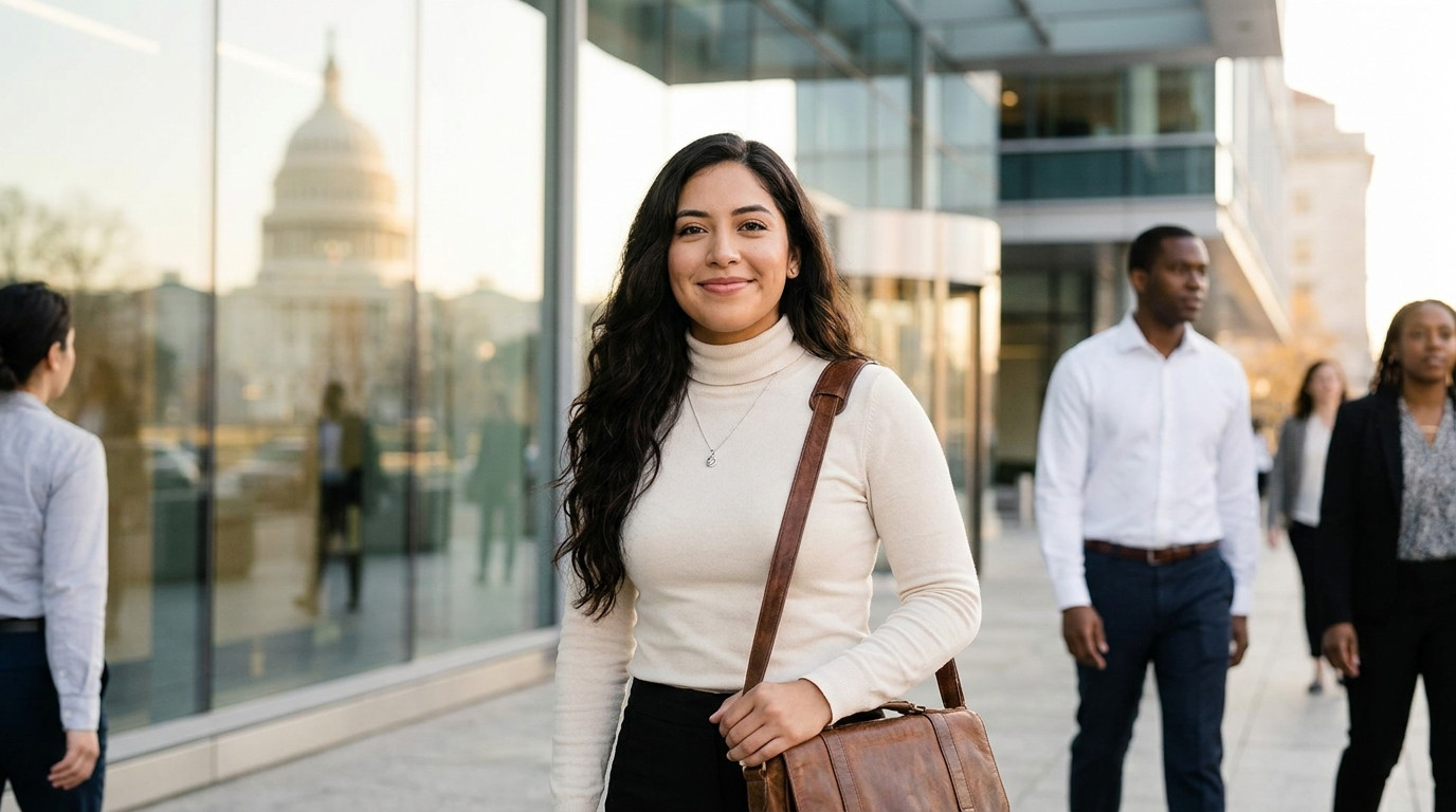 Young professional in a crisp white shirt and slacks standing in front of a modern glass office building in Washington D