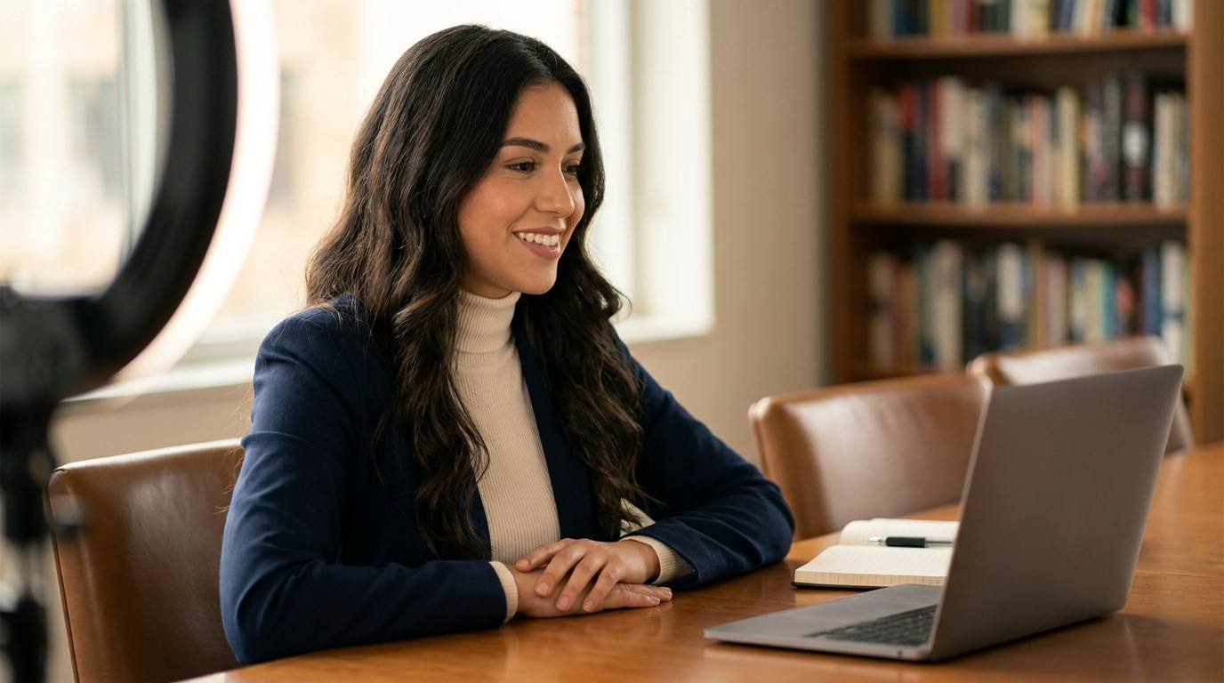 Student in a navy blazer sitting confidently at a polished conference table during a video interview, laptop open in fro