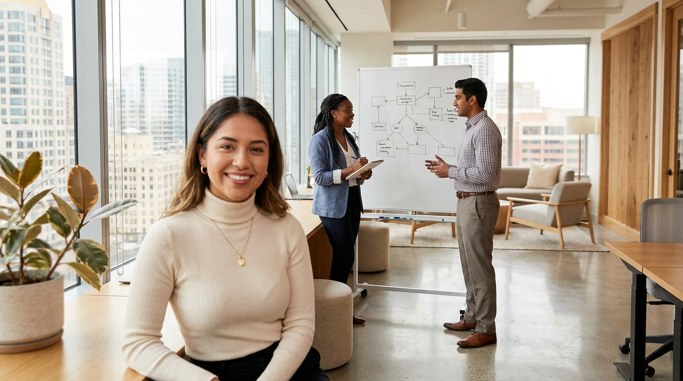 Two interns in business casual collaborating at a standing whiteboard in a bright open-plan consulting office, one sketc