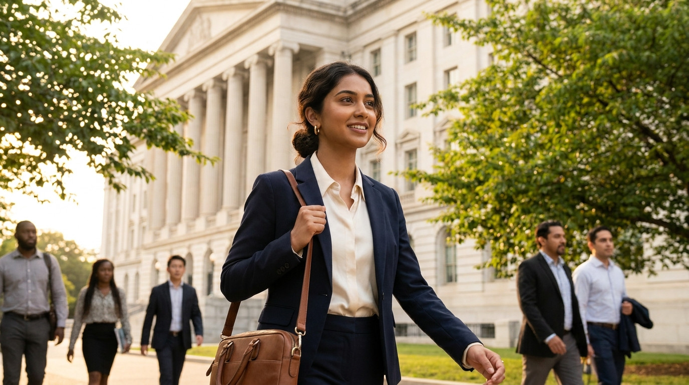 Young professional in business casual walking past a neoclassical government building on a clear weekday morning in Wash