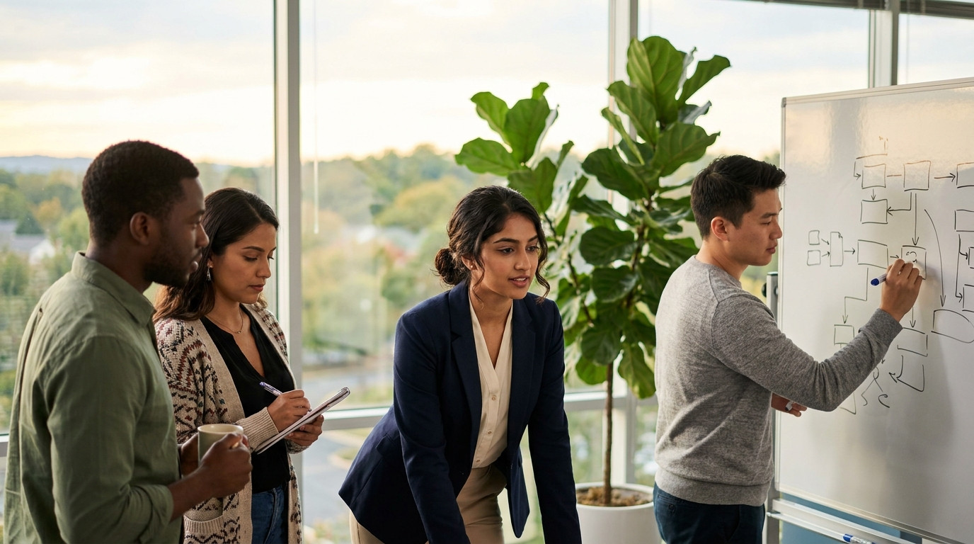 Four interns gathered around a whiteboard in a bright open-plan office, one sketching a system diagram while the others 