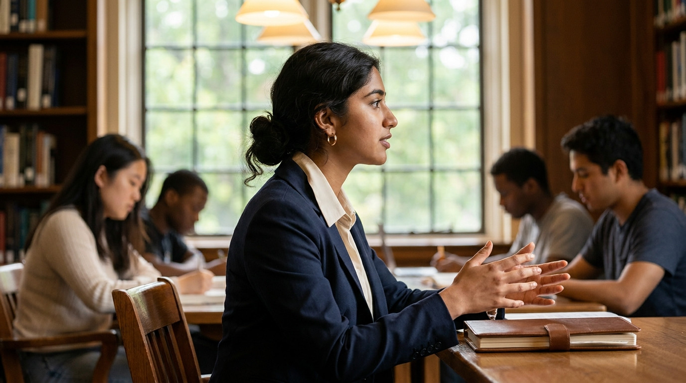 Student in a collared shirt sitting in a quiet study room rehearsing interview responses, hands mid-gesture over a close