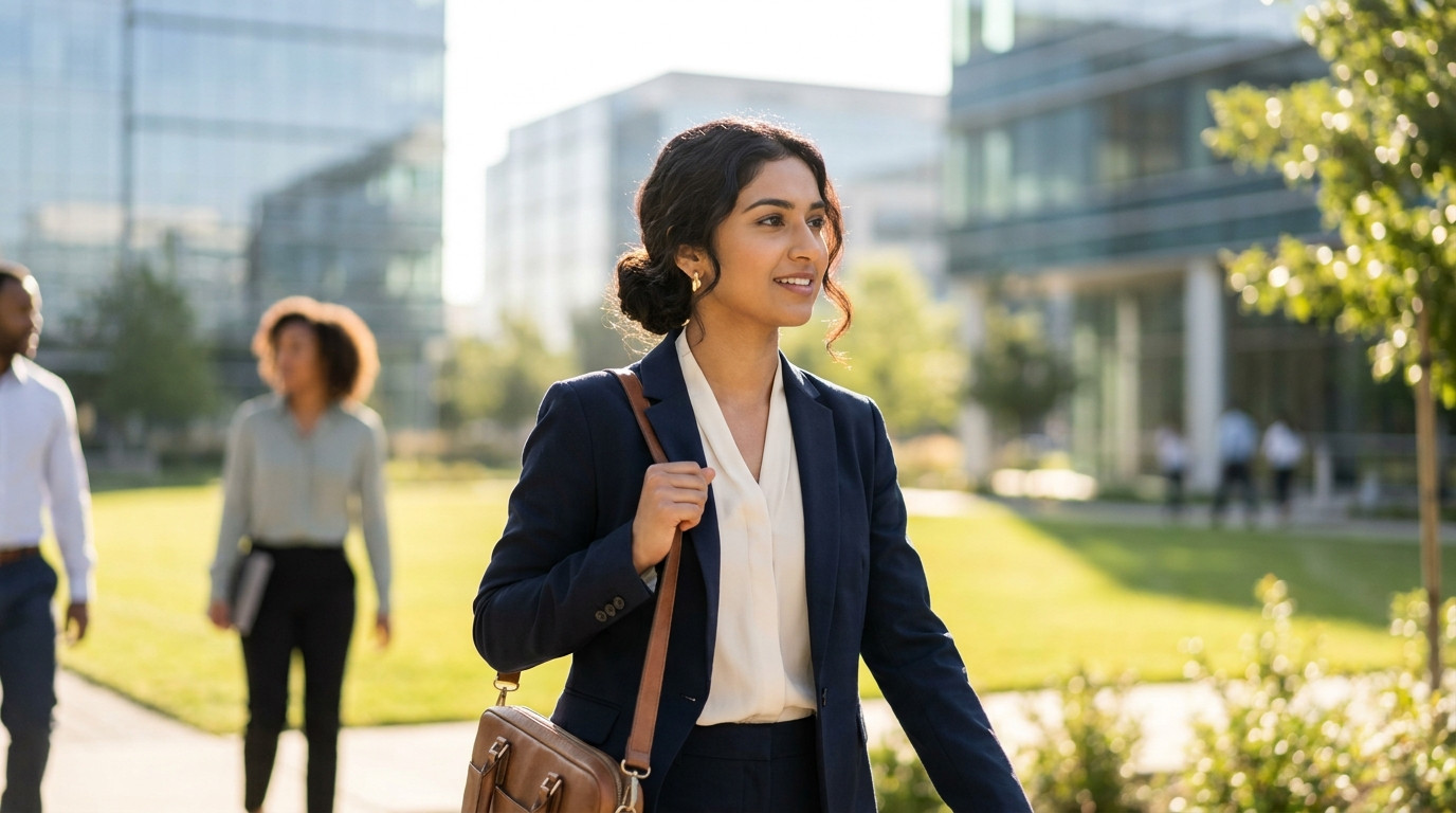 Young professional in a light blazer walking across a sunlit corporate campus with modern glass buildings and manicured 