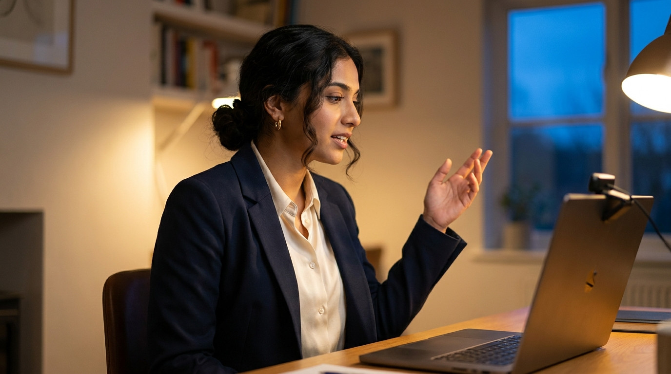 Student in smart casual attire practicing a video interview in a quiet home office, sitting upright before a laptop webc