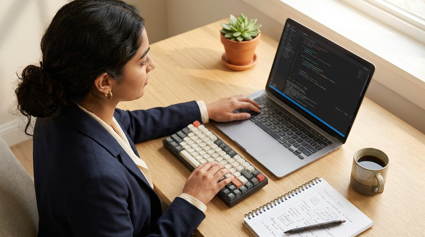 Overhead close-up of a clean desk staged for coding prep: an open laptop showing a dark code editor with syntax-highligh