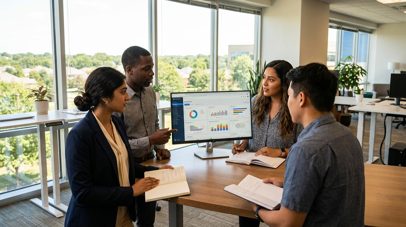 Four interns gathered around a large monitor in a bright open-plan tech office, one pointing at a data visualization das