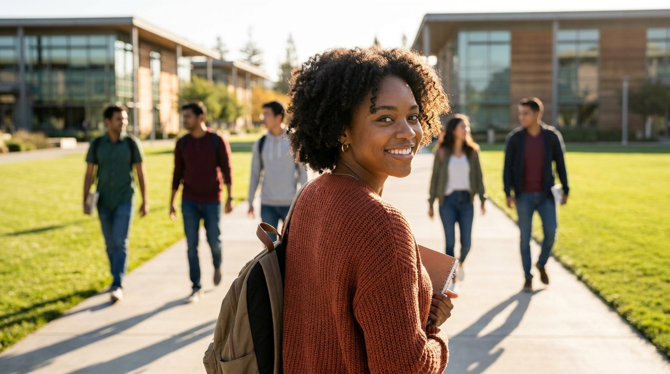Student in a hoodie and backpack walking across a sun-drenched Silicon Valley tech campus with low modern buildings and 