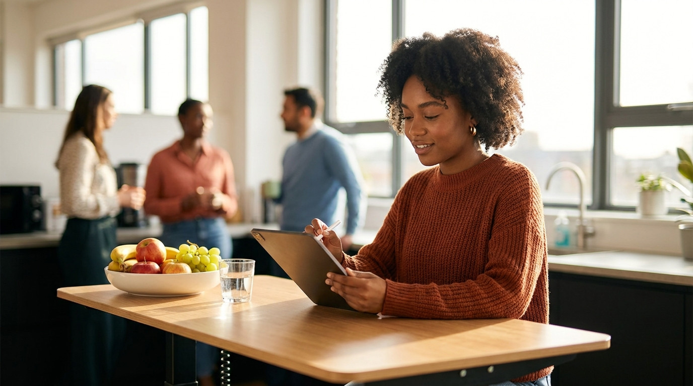 Young professional sitting at a standing desk in a modern office kitchen area, reviewing notes on a tablet with a bowl o