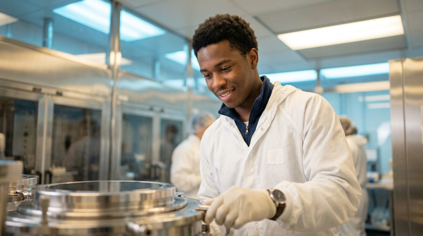 Engineering student in a clean room bunny suit adjusting equipment beside a wafer processing tool, blue-tinted overhead 
