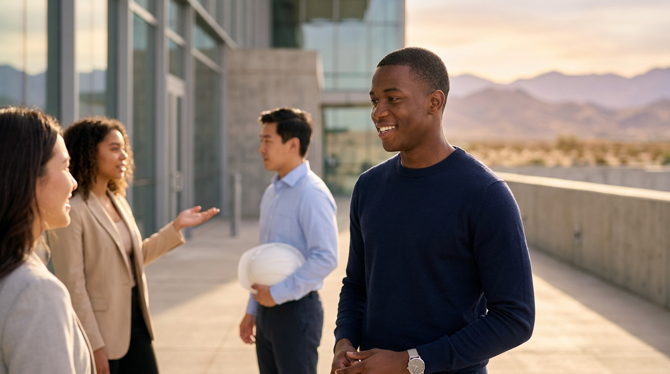 Two interns in business casual standing in front of a semiconductor fabrication facility exterior, one gesturing toward 