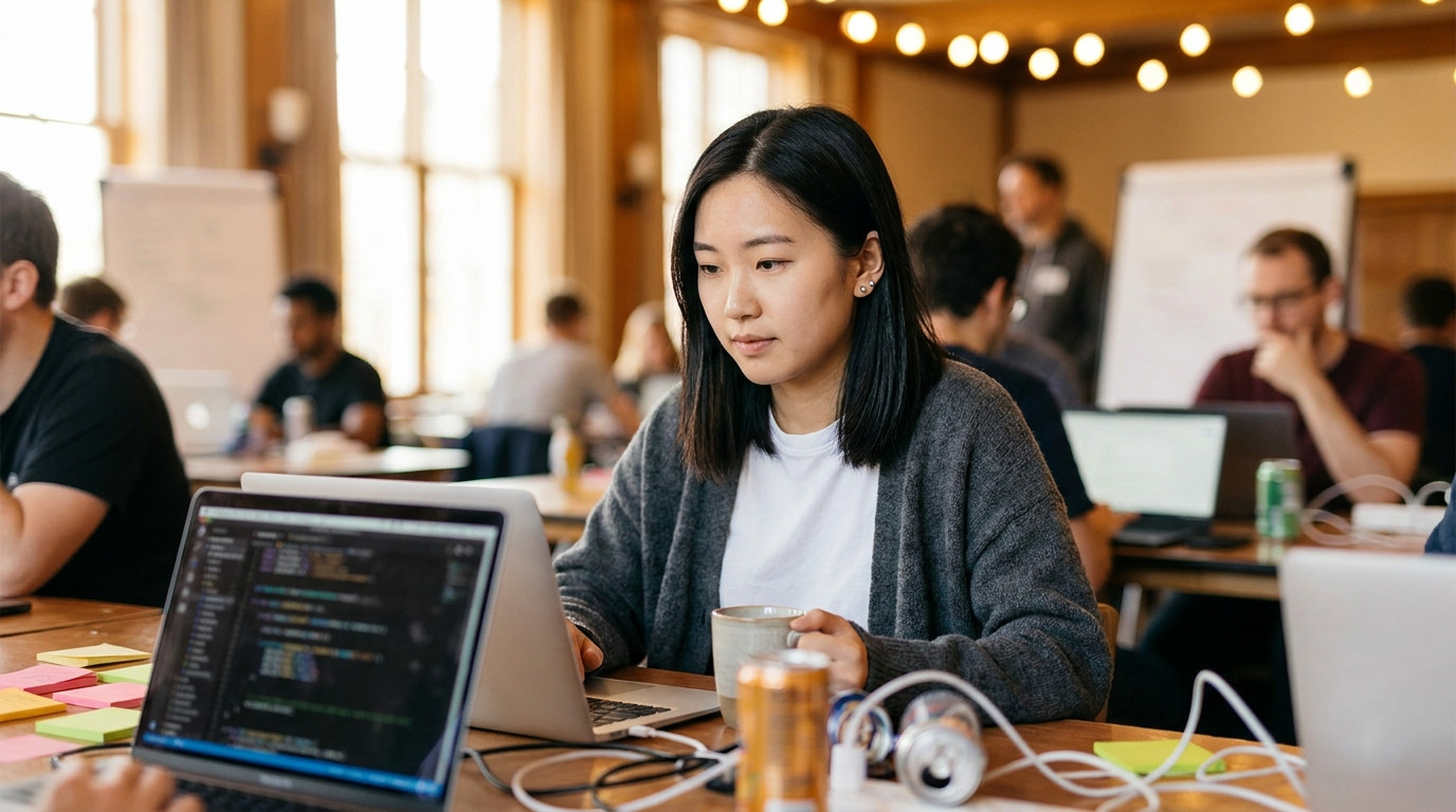 College student in a casual t-shirt sitting at a long table during a hackathon event, laptop open with lines of code vis