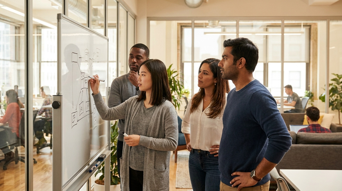 Four engineers standing around a whiteboard in a bright modern tech office, one sketching a system architecture diagram 