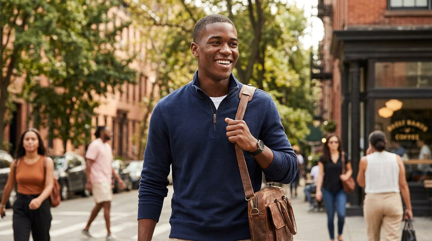 College student walking through a leafy urban neighborhood on a sunny morning, brick buildings and coffee shops visible 