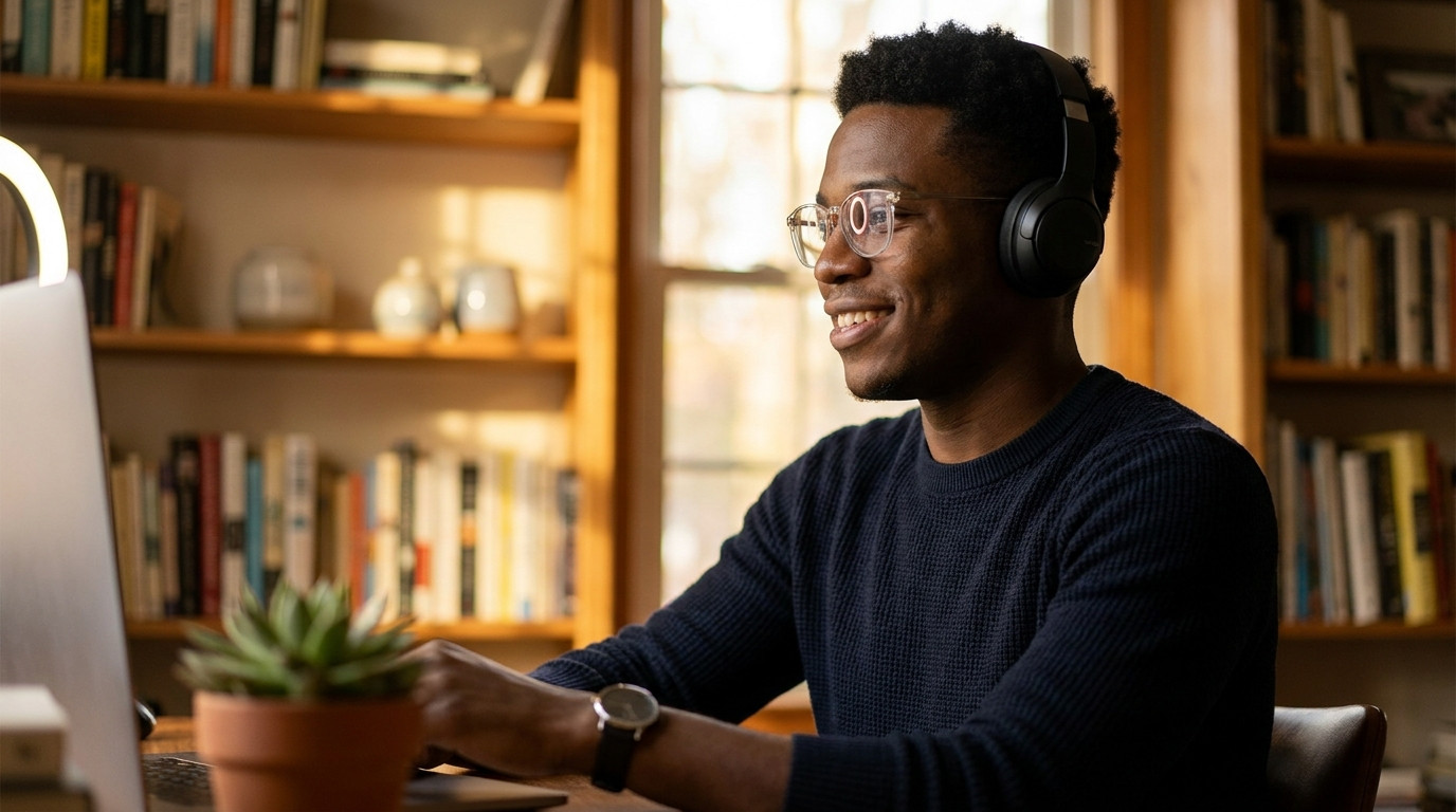 Student in a cozy home office rehearsing a video interview, sitting upright with headphones on, a ring light reflected i
