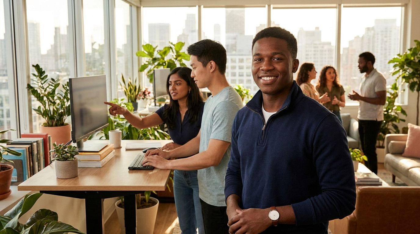 Two interns collaborating at a standing desk in a bright open-plan office, one pointing at a monitor while the other typ