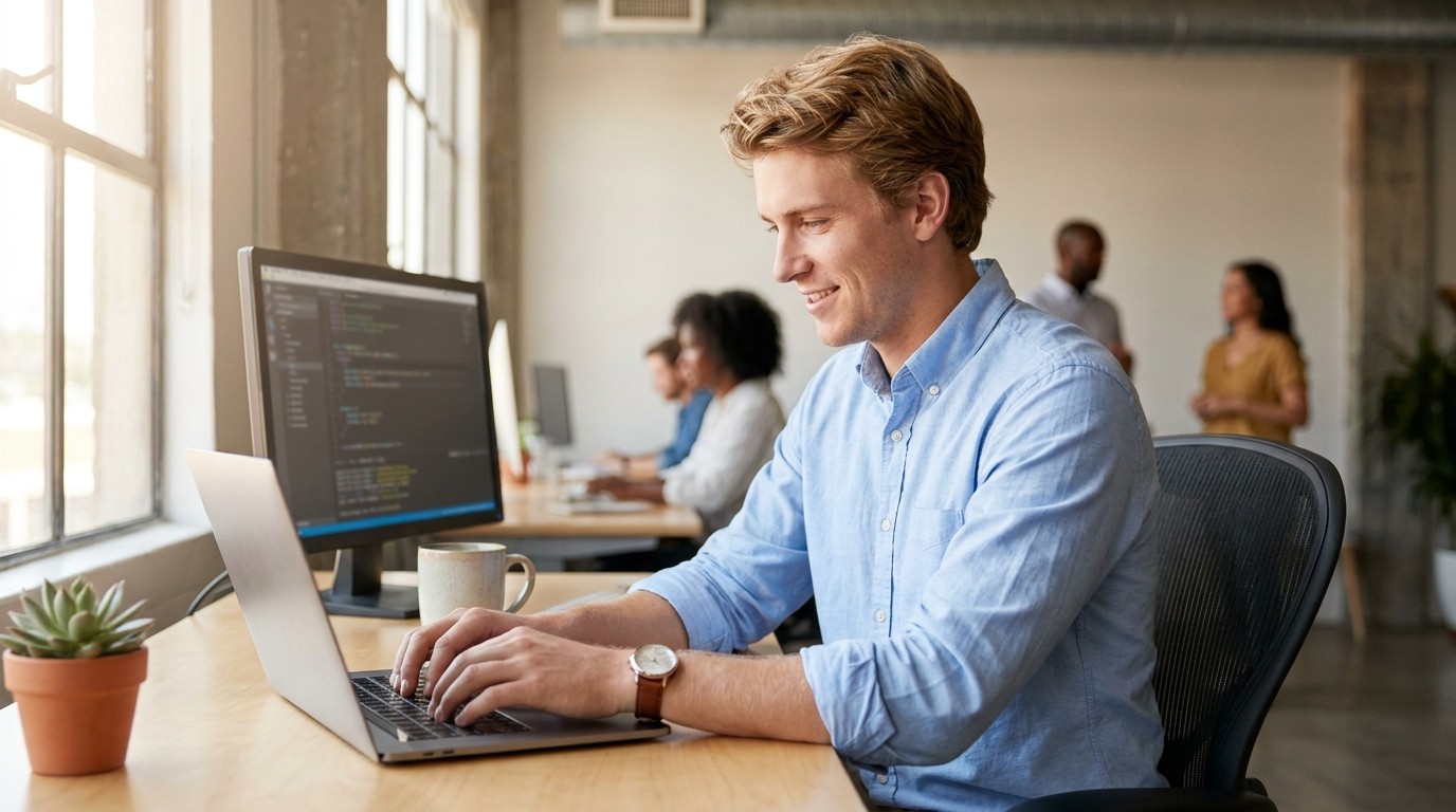Software engineer intern sitting at a clean minimalist desk in a bright San Francisco loft-style office, typing on a lap