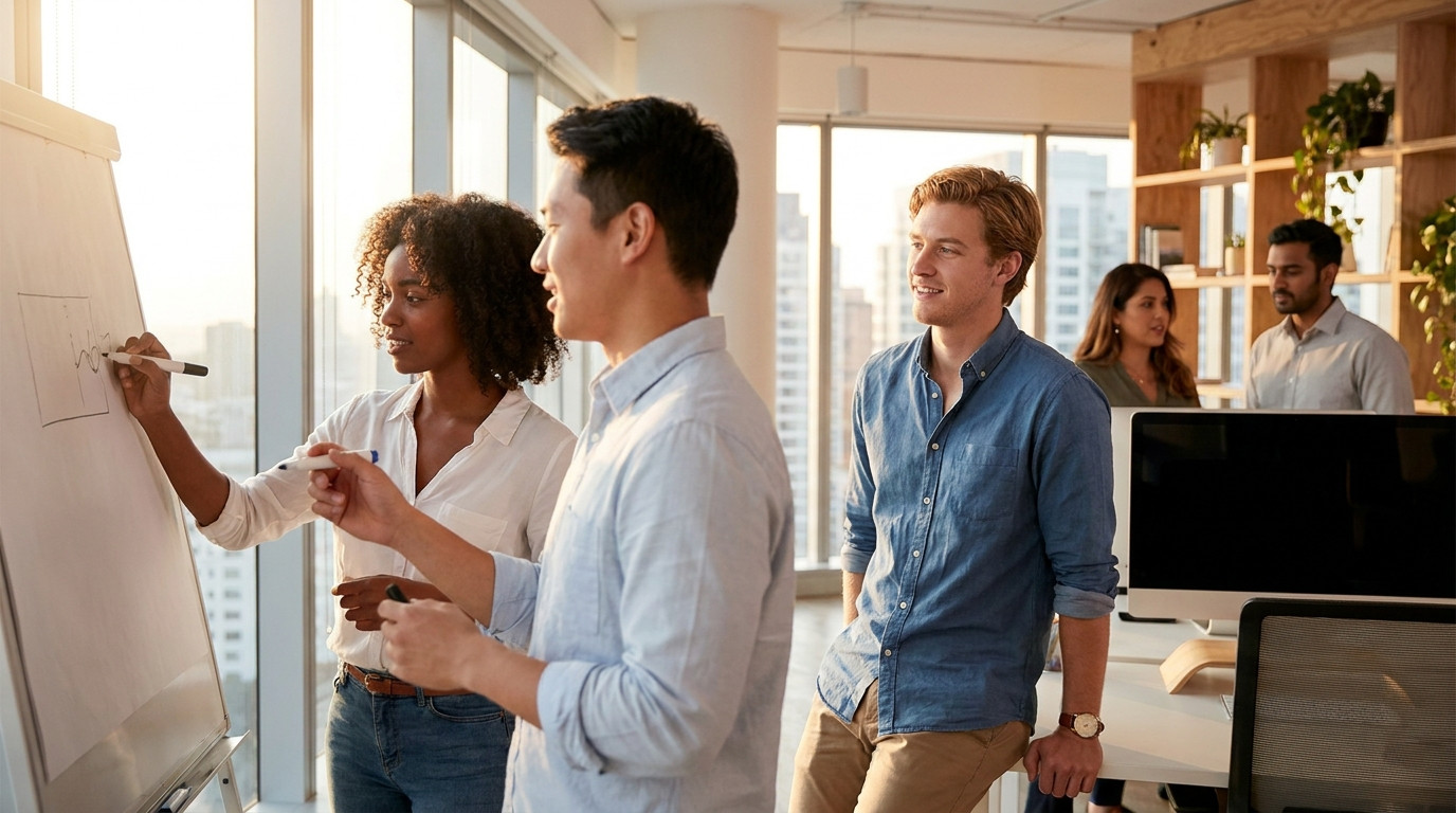 Two interns standing at a whiteboard in a modern open-plan office, one sketching a diagram while the other holds a marke