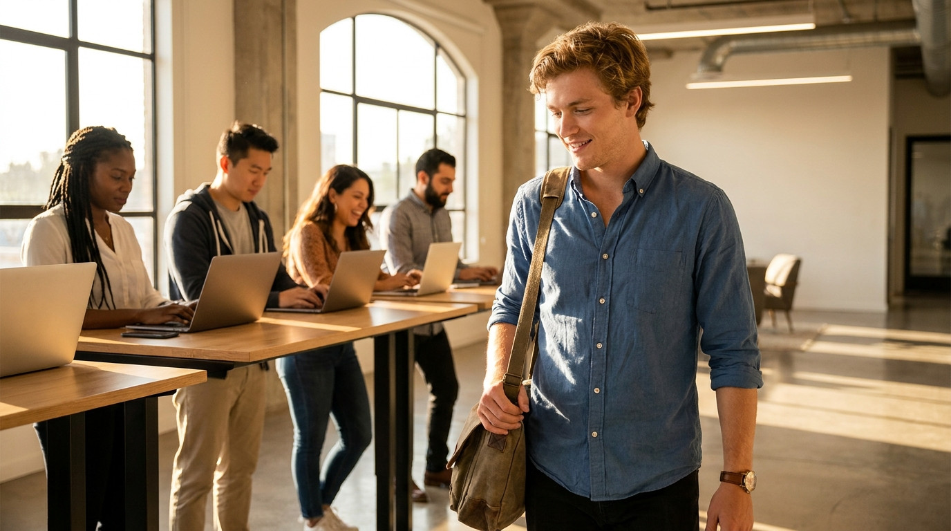 Young professional in a casual button-down walking through a sunlit coworking space with polished concrete floors, lapto